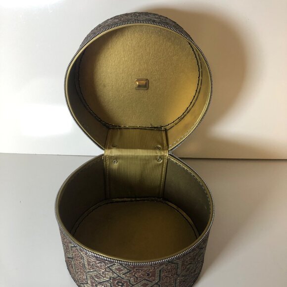 Vintage Round Tapestry Design Storage Box Carrier Vinyl Travel Luggage HandleZip - Picture 4 of 10